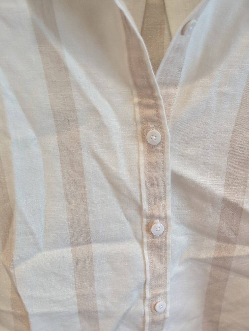 Coastal Minimalist Preppy Boho Faherty White Cream Stripe Linen Button Up Large - Picture 4 of 7